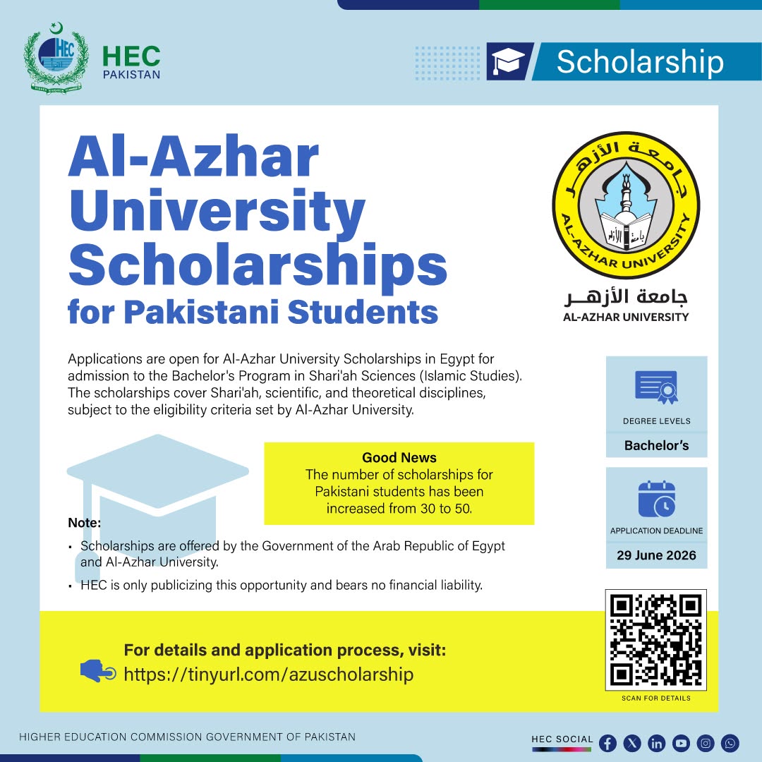 جامعہ الازہر مصر میں شریعہ سائنسز پروگرام کے لیے پاکستانی طلبہ سے درخواستیں طلب